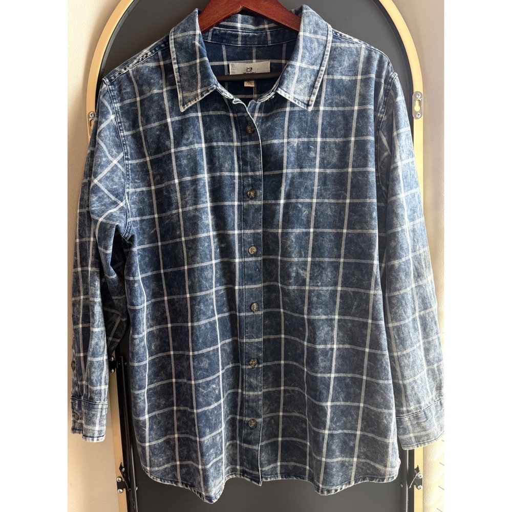 Thread & Supply Women L Blue Grid Acid Wash Button Down Shirt Grunge Indie NWT